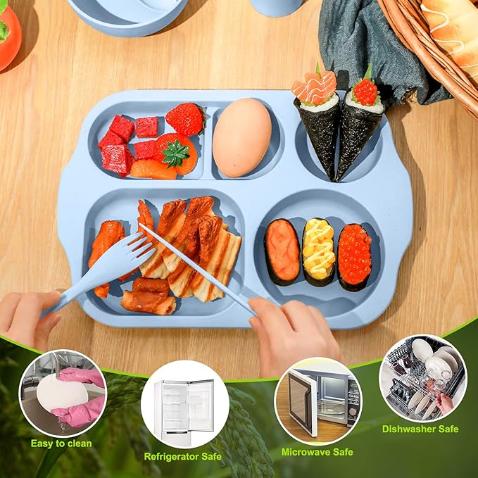 Tanlade 24 Pcs Wheat Straw Dinnerware Cutlery Sets, Divided Plates Unbreakable Bowl Microwave Dishwasher Safe Tableware Cutlery Spoon Knife Fork Cup(Blue)