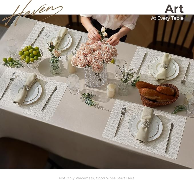 Leetaltree Luxury White and Silver Woven Placemats Set of 4 - Waterproof Washable Textured Table Mats for Wedding, Anniversary, Daily Use - Sparkling Metallic Thread Table Decor - Hand-Cut