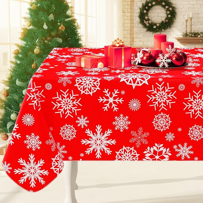 Smiry Christmas Rectangle Table Cloth, Waterproof Vinyl Tablecloth with Flannel Backing, Wipeable Snowflake Plastic Tablecloths for Christmas Table Decorations, (60"x102", Christmas Red)