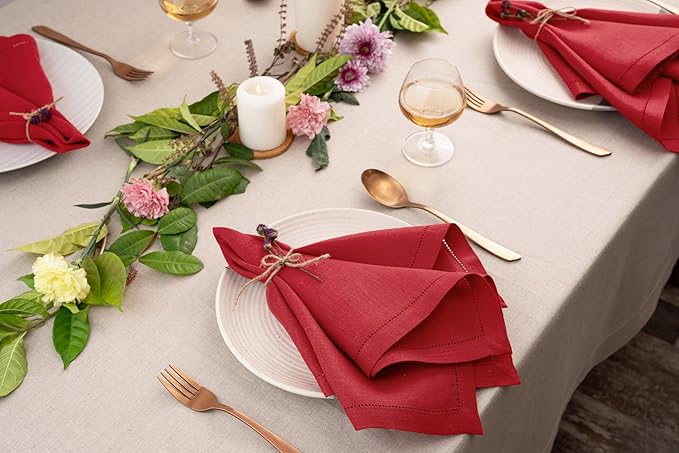 D'Moksha Homes Bright Red Linen Napkins Set of 8 - Classic Hemstitch 100% Pure Linen Hemstitch Dinner Napkins 20 x 20 Inch for Valentines, Spring, Easter - Handcrafted and Machine Washable