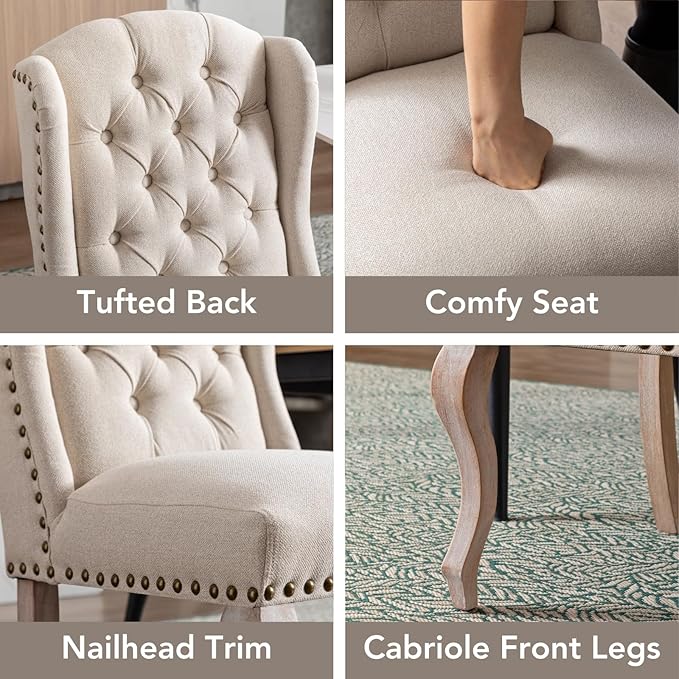 chairus Tufted Parsons Dining Chairs Set of 4, French Country Upholstered Dining Room Chairs with Nailhead Trim & Curved Wood Legs, Farmhouse High Back Armless Side Kitchen Chairs, Beige Linen