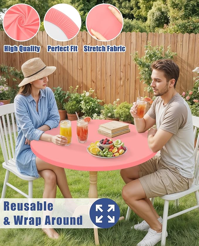 Round Spandex Tablecloth, Elastic Fitted Waterproof Tablecloths for 57"-68" Tables, Stretch Washable Picnic Table Cover for Camping, Dining, Indoor and Outdoor,Coral Red