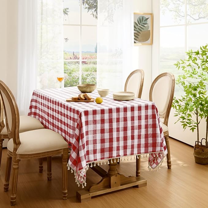 Softalker Checkered Tablecloth Rectangle, Outdoor Linen Cotton Gingham Table Cloth with Tassel, Heavy Duty Wrinkle Free Buffalo Plaid Table Cover for Kitchen Dining Home Party - 55 x 102 Inch, Red