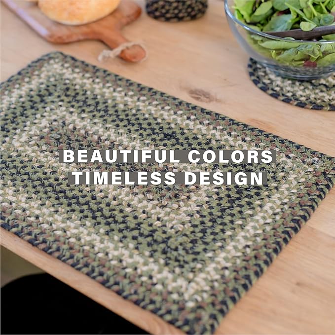 Homespice Pinecone Jute Braided Oval Placemats, Warm Country Rustic Decor, Set of 6, 13x19 Green Table Mats - Vibrant Colors, Durable, Easy to Clean and Protects Furniture