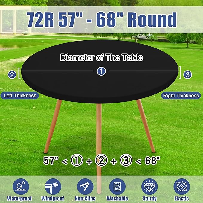 Round Spandex Tablecloth, Elastic Fitted Waterproof Tablecloths for 57"-68" Tables, Stretch Washable Picnic Table Cover for Camping, Dining, Indoor and Outdoor, Black