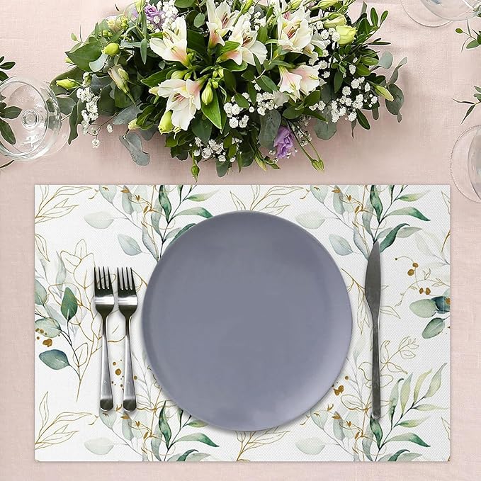 Leaves Printed Placemats Set of 4 Watercolor Sage Green Gold Branch Place Mats Washable Rectangular Spring Table Mats for Party Home Kitchen Restaurant Dining Table Decor 12x18 Inch