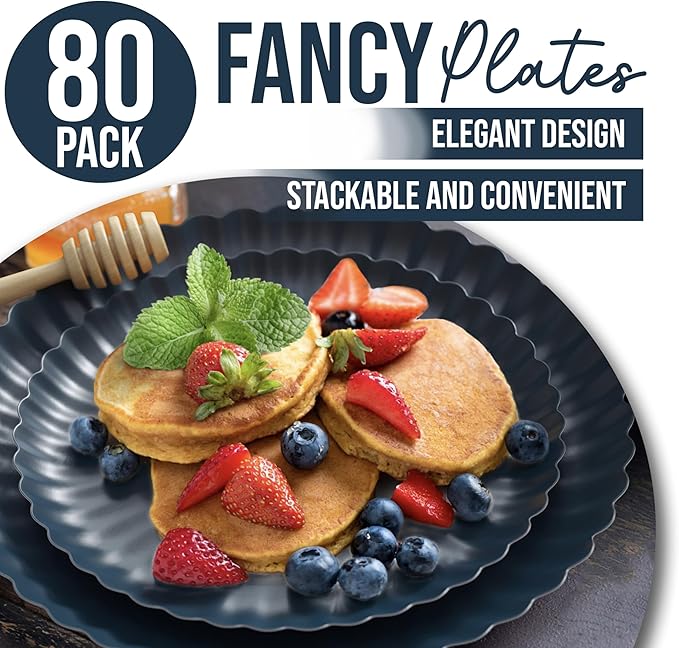 Trendables Scalloped Paper Plates 8.5 Inch & 10.5 Inch 80 Pcs Dinner Plate Set Fancy Disposable Plates for Party for 40 Guests 40 X 8 & 40 X 10 Large & Small Paper Plate Set for Parties Black Aqua