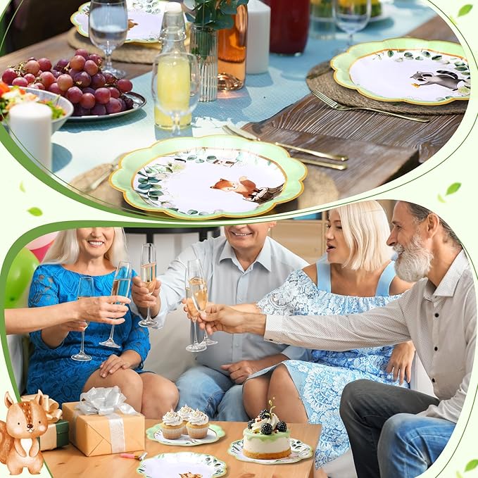 60 Pcs 7 Inch Woodland Animals Baby Shower Paper Plates Woodland Creatures Decorations Tableware Baby Gender Neutral Plates for Forest Animal Theme and Birthday Party Supplies