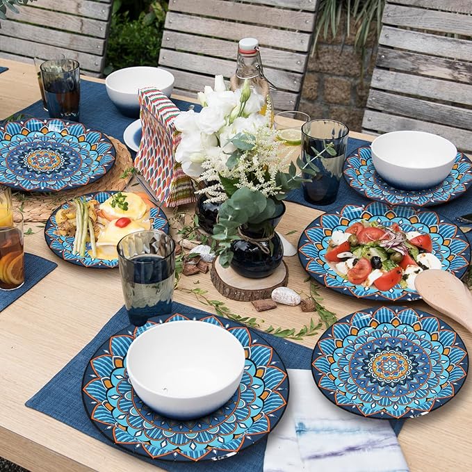 100PCS Boho Paper Plates 7Inch & 9Inch, Vintage Bohemian Disposable Dinnerware Plates for Birthday Gatherings Holiday Favor Baby Shower Party Supplies,50 Guests(Blue)