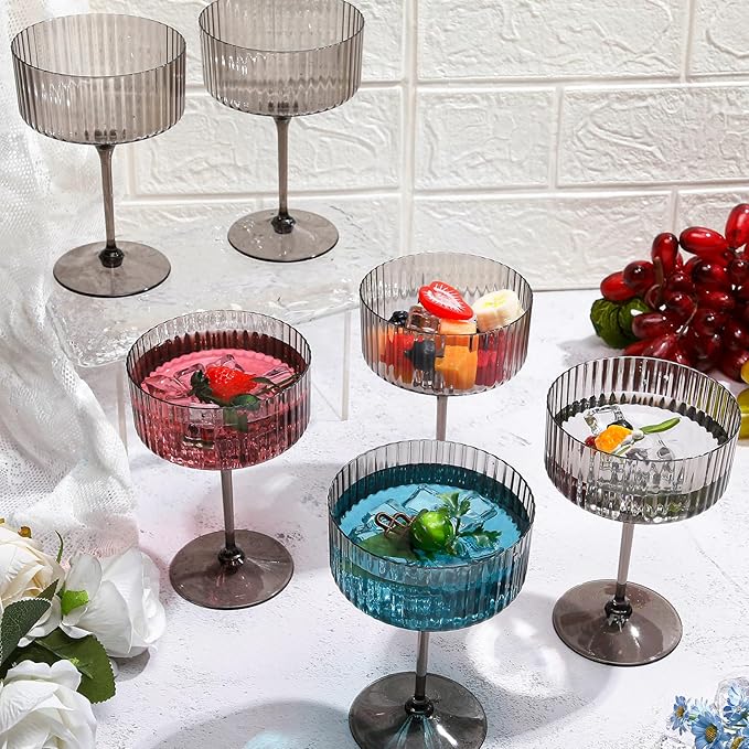 24 Pcs Ribbed Martini Glasses 10 oz Disposable Plastic Vintage Ribbed Coupe Glasses Unbreakable Dessert Parfait Glassware for Wedding Birthday Party Supplies (Black)