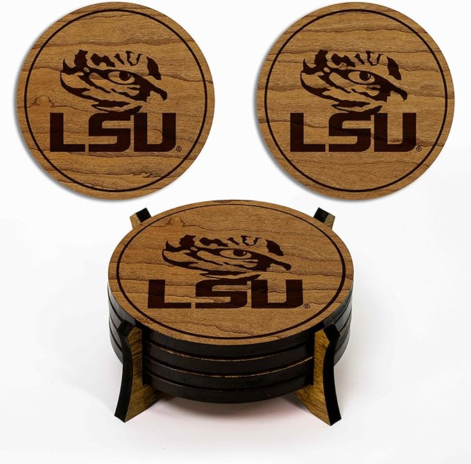 LazerEdge LSU Tigers Wooden Coaster Set - Cherry Wood - Officially Licensed Product - 4-Pack