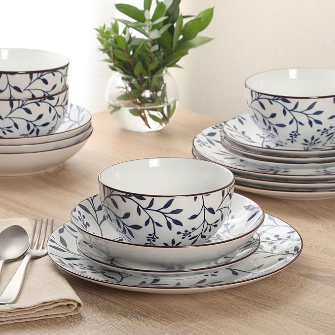 Gibson Home Palace Suite 16-Piece Dinnerware Set, Blue Floral Stoneware Plates & Bowls, Service for 4, Round Durable Everyday Dish Set