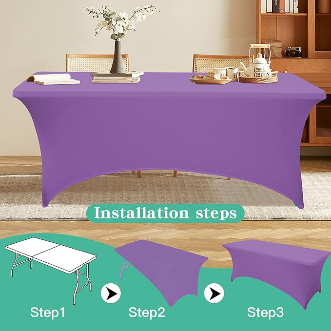 4FT Table Cloth for Rectangular Fitted Events Stretch Light Purple Table Covers Washable Spandex Tablecloth Protector for Party, Wedding, Cocktail, Banquet, Festival