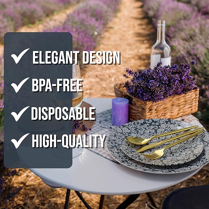 Trendables Fancy Plastic Dinnerware Sets 100 Pc 20 Guests Gold Silverware Disposable 20 X 10 Inch Charger Plates 20 X 8 Inch Dessert Plates 20 x Gold Plastic Forks and Spoons Knives In Garden Damask