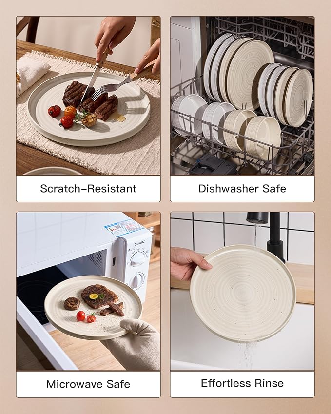 Plates and Bowls Sets for 6 (18-Piece) Stoneware Reactive Glaze Dinnerware with Speckles & Spirals, Chip and Scratch Resistant Straight Dishes Set with Gift Box, Microwave Dishwasher Safe, Shell Beige
