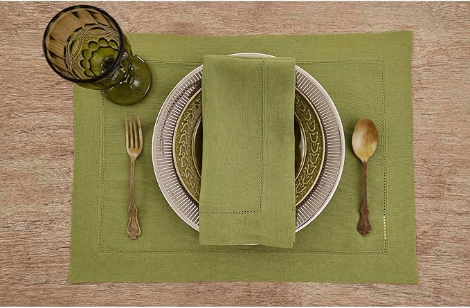 Solino Home Linen Placemats Set of 4 - Classic Hemstitch Avocado Green Placemats 14 x 19 Inch - 100% Pure Linen Table Mats for Winter, Spring, Easter, St Patricks Day