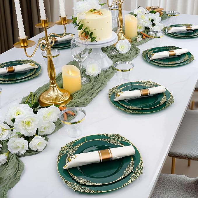 350 PCS Green and Gold Plastic Plates, Plastic Dinnerware Set for 50 Guests, 100 Disposable Plates, 150 Silverwares, 50 Cups, 50 Napkins for Party, Wedding, Graduation
