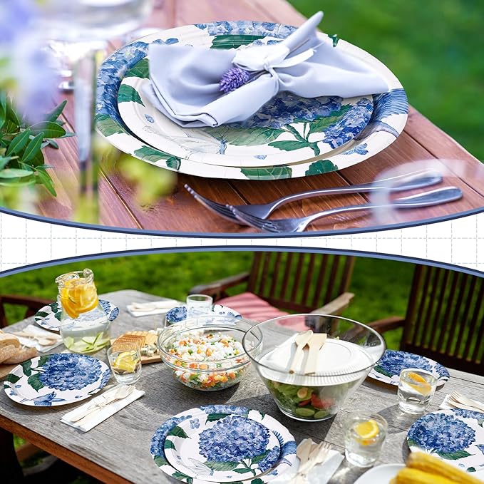 48 Pcs Hydrangea Paper Plates Set 9" 7" Summer Watercolor Disposable Plates Decorative Dinner Birthday Party Tableware for Baby Shower Party Supplies