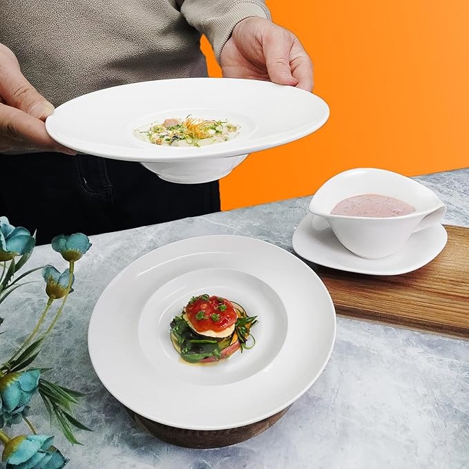 Ceramics Rimmed Soup Bowls 5.1 oz, White 8.5 inch Exquisite small soup plate Set of 4, Pasta plates With Rim is the best choice for hotels, kitchens, fine restaurants and gourmets