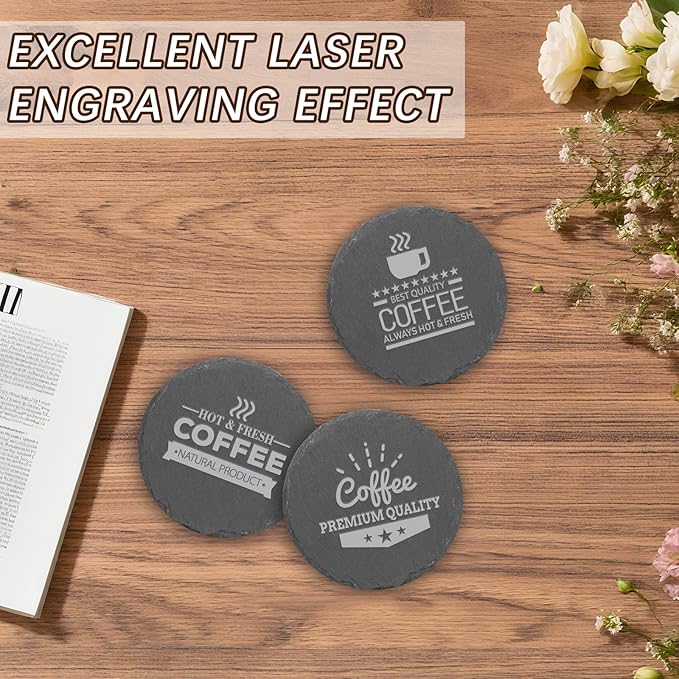 24 PCS Black Natural Slate Coasters Bulk Set 4 Inch Laser Engraving Blanks with Anti Scratch Bottoms for Home, Office, Bar, Gifts Round Coasters