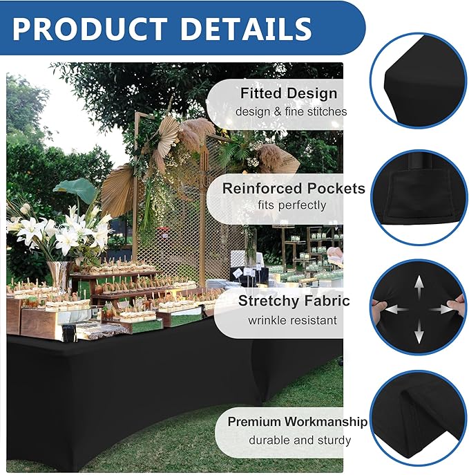 Spandex Table Cover for 6 foot Rectangle Tables-6 Pack Fitted Stretch Black Tablecloth-Elastic 6ft Folding Tablecloths for Party, Vendor Booth Display, Banquet Buffet Event, Craft Trade Show