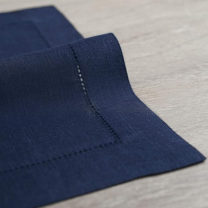 Solino Home Navy Blue Linen Napkins Set of 4-100% Pure Linen Hemstitch Dinner Napkins 20 x 20 Inch for Winter, Easter - Classic Hemstitch
