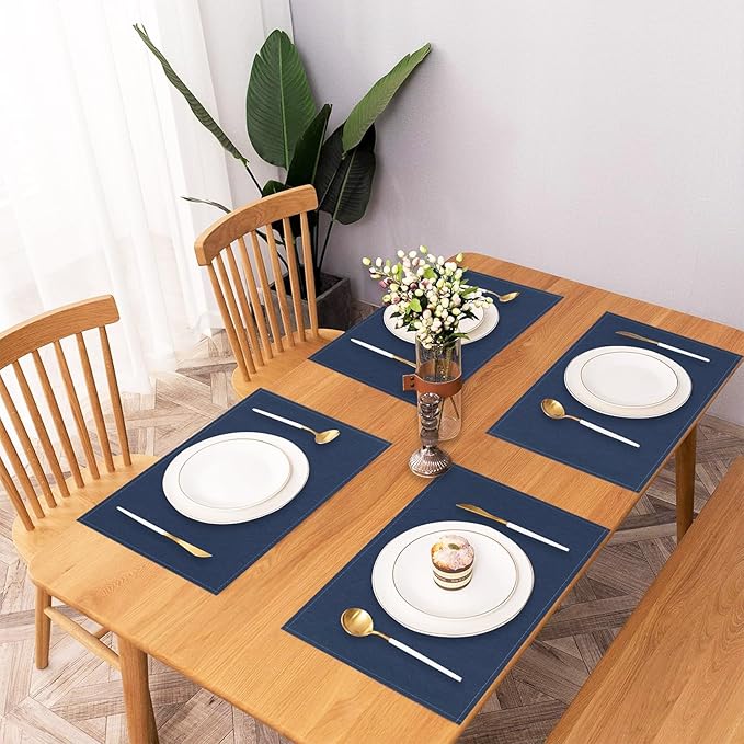 AOFOTO Dark Blue Placemats Set of 4 for Dining Table Solid Color Place Mats Washable Rectangular Table Mats for Party Home Kitchen Restaurant Decor 12x18 Inch
