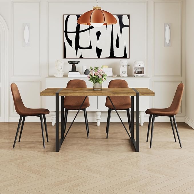 Dining Table Set for 4, Modern 55'' Dark Wood Dining Table and Fabric Dining Chairs Set of 4,Table and Chairs Set of 4,Ideal for Kitchen Dining Room