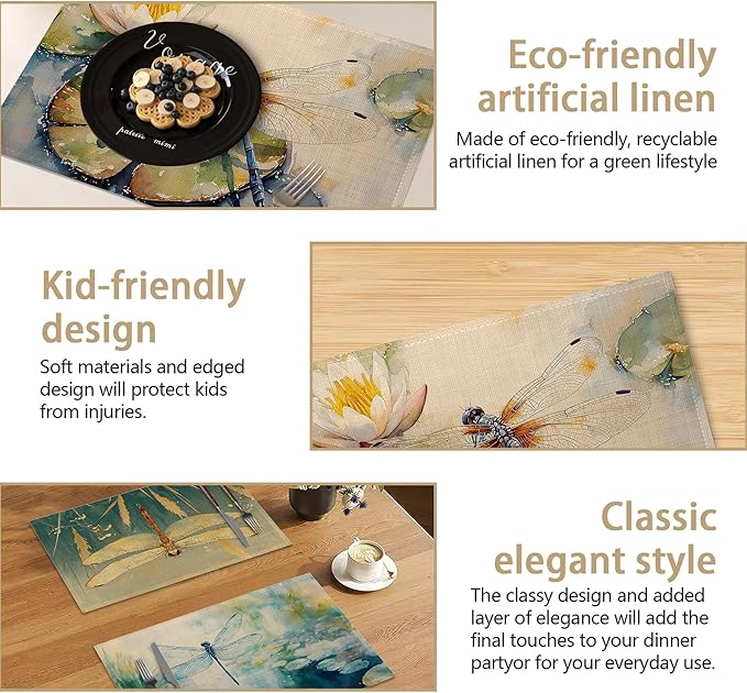 Table Placemats Set of 6, Waterproof Linen Fabric, Non-Slip Backing & Easy Clean, Elegant Dining Table Protectors for Family and Guests(Watercolor Dragonfly)
