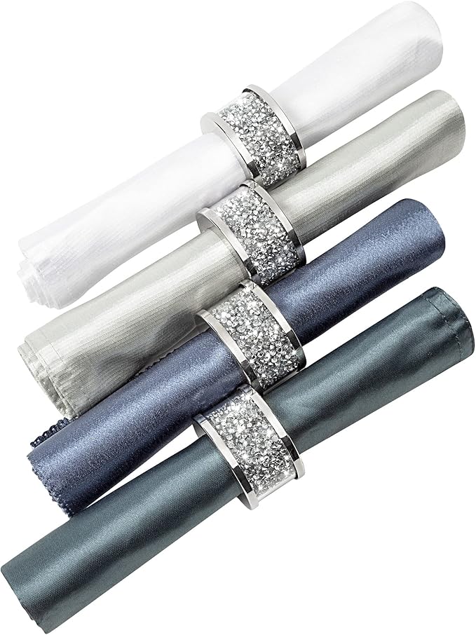 SHYFOY Silver Diamond Napkin Ring Glass Framed, Crystal Dinning Cloth Rings Set of 4 Piece, Glam Serviette Buckle Cloth Holder Sparkle Bling Crushed Diamond Table Decor Accessories