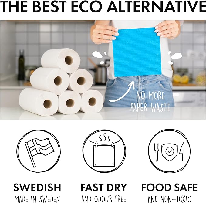 SUPERSCANDI 6 Pack Swedish Dishcloths for Kitchen - 100% Biodegradable & Compostable Reusable Paper Towels Washable, Food-Safe & Without Plastic - Dish Rags for Any Surface, Pink, Yellow, White