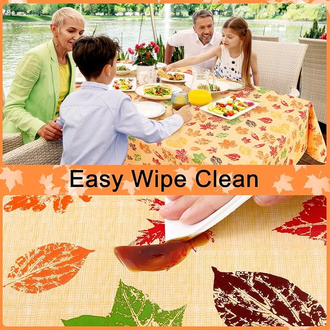 Smiry Fall Rectangle Table Cloth, Waterproof Vinyl Tablecloth with Flannel Backing, Wipeable Autumn Leaves Plastic Tablecloths for Harvest and Thanksgiving Parties, (60"x84", Rust & Yellow)