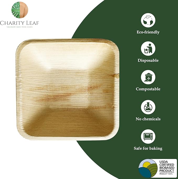 Charity Leaf Disposable Palm Leaf 4" Square Bowl (1000 pcs) Dipping Bowls | Bamboo Like| All Natural and Biodegradable | Charcuterie Boards, BBQs, and Parties