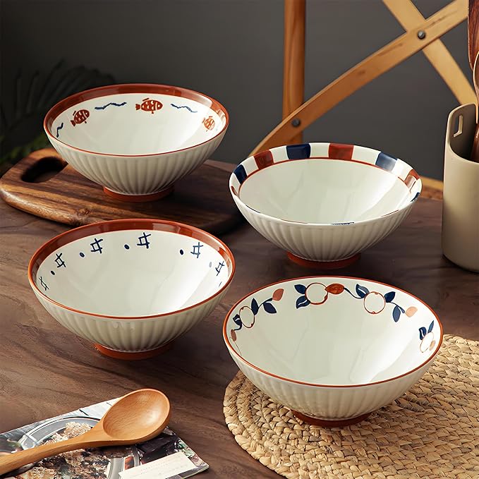 8 Inch Ramen Bowls Set of 4 with Spoon, 38 Oz Soup Bowls for Noodle,Udon,Vintage Japanese Style, Microwave & Dishwasher Safe
