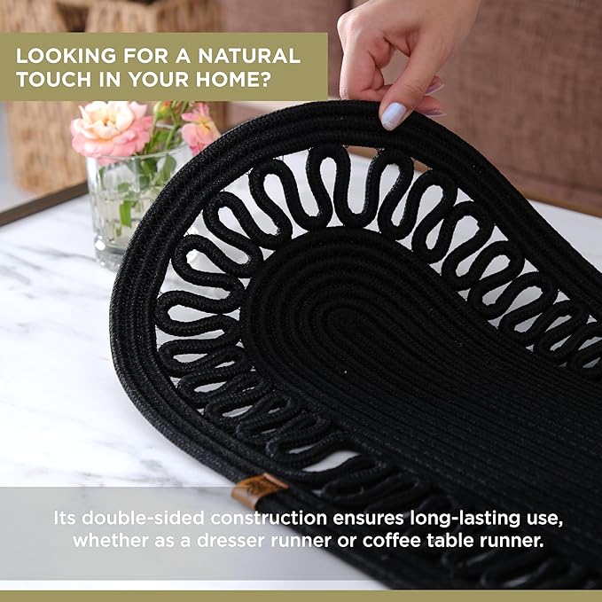 Oval Jute Table Runner | Woven Braided Dining Runner | Natural Textured Rattan Table Runner for Dining Table Coffee Table or Patio 11.8 x 27.5 (Black)