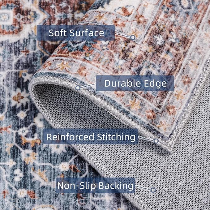 Deerly 2x7ft Bohemian Kitchen Runner Rug - Floral Design, Soft Low Pile, Non-Slip, Border Brown/Navy Blue