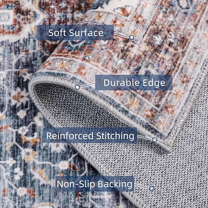 Boho Runner Rug 3x8 Low Pile Rug Runners for Hallway Kitchen Distressed Carpet Runner Rug Non-Slip Brown/Navy Blue