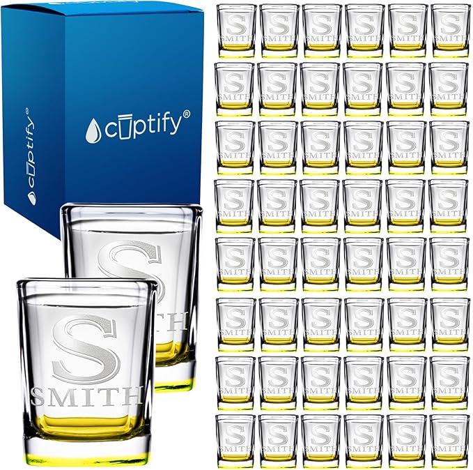 Personalized Square Shot Glasses Set of 50 Yellow Bottom 2oz Engraved Initial and Name Custom Gifts, Weddings, Birthdays, Party, Event, Decorations