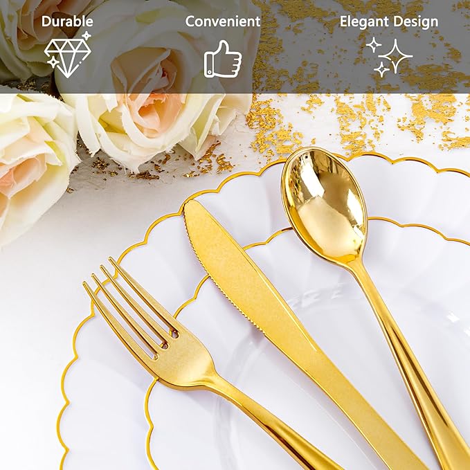 YOUBET 350PCS Gold Scalloped Plastic Plates - White and Gold Disposable Dinnerware Set Include 100 Plates, 150 Gold Silverware, 50 Cups, 50 Napkins for Wedding Party