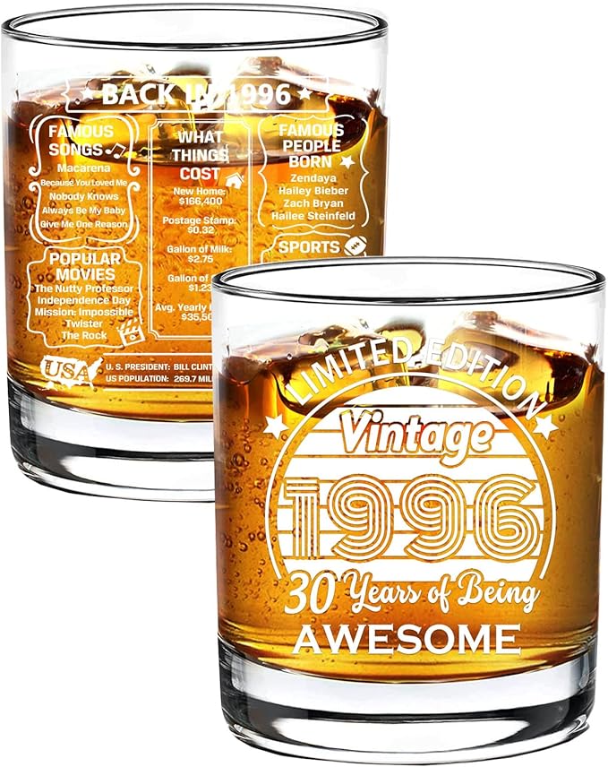Old Fashioned Glasses-1996-Vintage 1996 old time information 10.25oz Whiskey Rocks Glass -30th Birthday Aged to Perfection - 30 years old gifts Bourbon Scotch Lowball Old Fashioned-1PCS