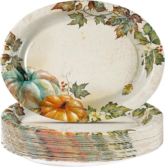 50 Pcs Fall Oval Paper Plates 10"×12" Large Vintage Watercolor Pumpkins Plates Disposable Heavy Duty Thanksgiving Platters for Fall Thanksgiving Party Decorations Autumn Holiday Harvest Party Supplies