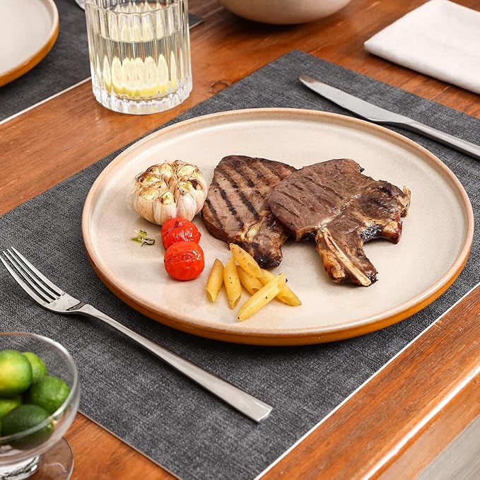 vicrays Ceramic Dinner Plates Set - Porcelain 10 Inch Flat Steak Pasta Pizza Plate Home Party Restaurant Plate Scratch Resistant Microwave Oven and Dishwasher Safe Set of 6 Beige