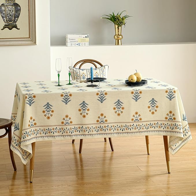ISAENNE Designer French Pale Yellow Long Tablecloth Rectangle,Linen Floral Table Cloth,Wrinkle Resistant Decor Tablecloths for Dining Thanksgiving Banquet Kitchen Party,63"*102"-Estevan A