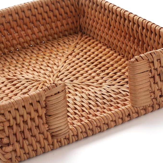 Rattan Napkin Holder Square, Wicker Napkin Basket for Kitchen, Flat Napkin Holders for Paper Napkins, Woven Luncheon Napkin Holder for Table (7.5 x 7.5 x 2.5 inch)