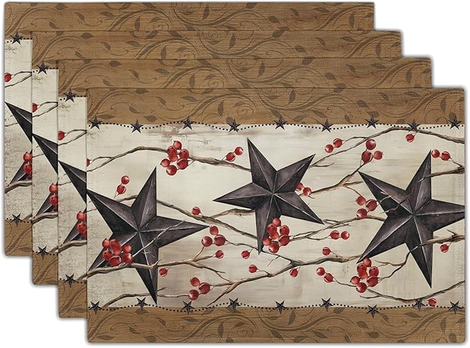 Western Placemats Set of 4 - Rustic Star Tablemats 12x18 Vintage Southwest Place Mats Set for Kitchen Dining Table