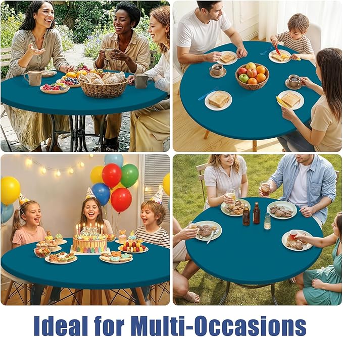 Round Spandex Tablecloth, Elastic Fitted Waterproof Tablecloths for 18"-24" Tables, Stretch Washable Picnic Table Cover for Camping, Dining, Indoor and Outdoor,Peacock Blue
