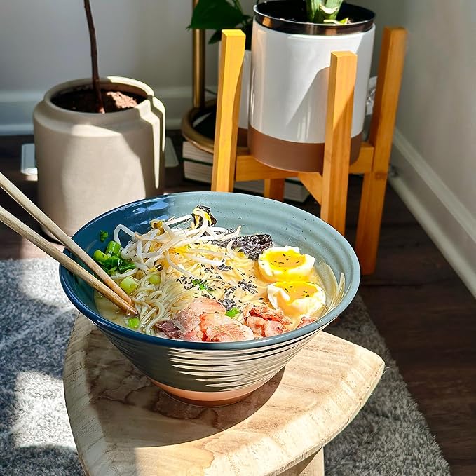 MORA Ceramic Ramen Bowl Set of 2, 45oz - Great for Pho, Miso Udon Soup, Instant Noodles, Serving, Thai or Asian Food - Microwave Safe Large Japanese Noodle Bowls, Modern Kitchen - Charcoal