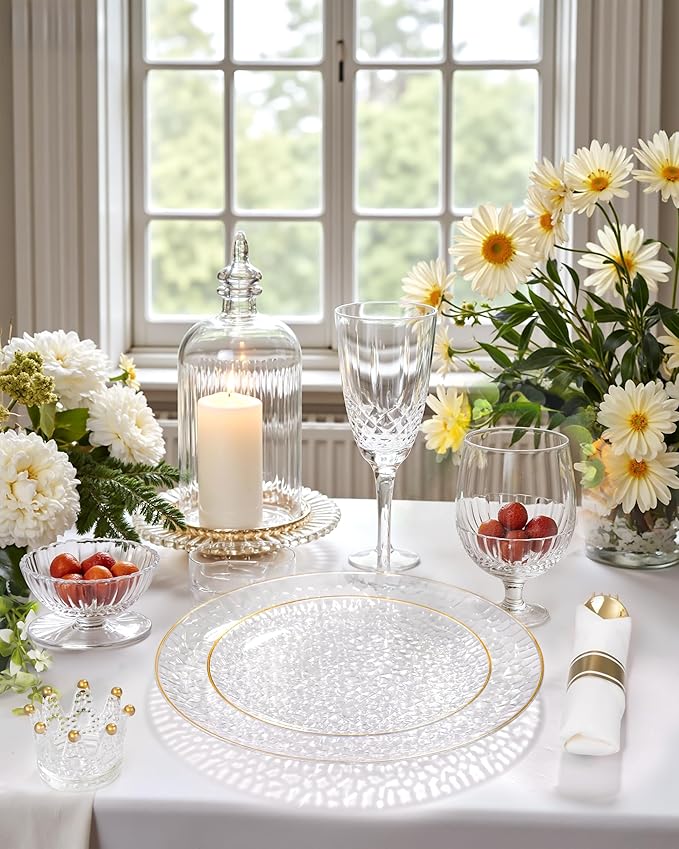 Hioasis 60pcs Clear Plastic Plates - Gold Rimmed Disposable, Hammered, Heavy-duty Dinnerware Set Suitable for 30 Guests, 10.25" Dinner & 7.5" Dessert Plates for Party & Wedding