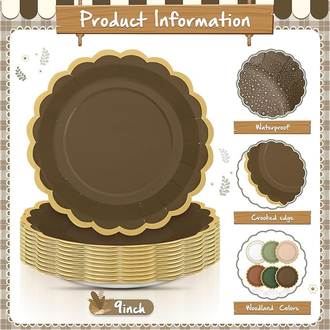96 Pcs Woodland Green and Brown Paper Plates 9 Inch Gradient Scalloped Paper Disposable Dinner Dessert Plates for Birthday Wedding Bridal Party Supplies, 6 Colors