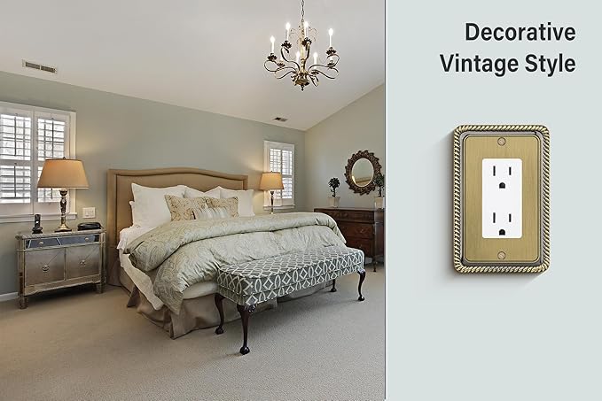 Henne Bery Rope Edge Decorative Wall Plate Switch Plate Outlet Cover (Single Decorator, 3 Pack, Antique Brass)